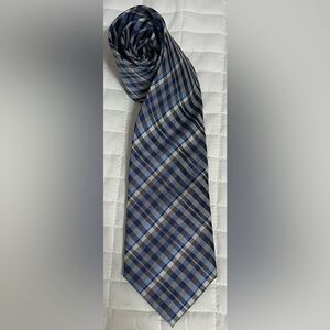 Countess Mara Vintage 100% silk handmade plaid neck tie Blue White Grey Black